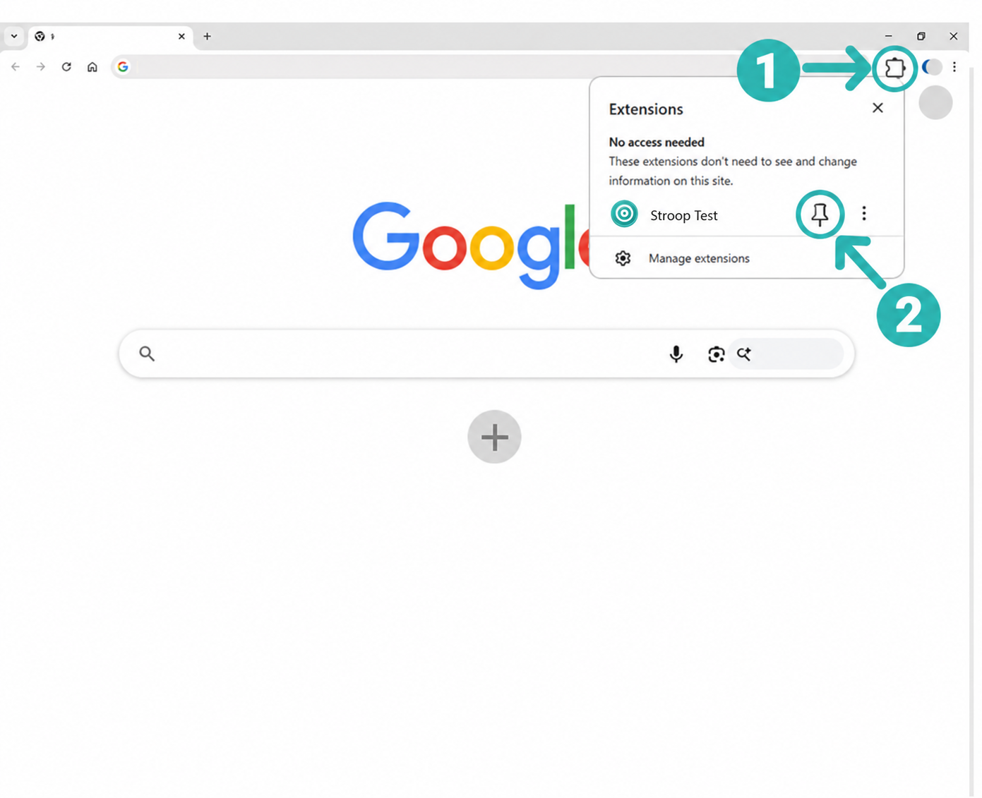 Steps 1 and 2: open Chrome extensions and pin Stroop Test